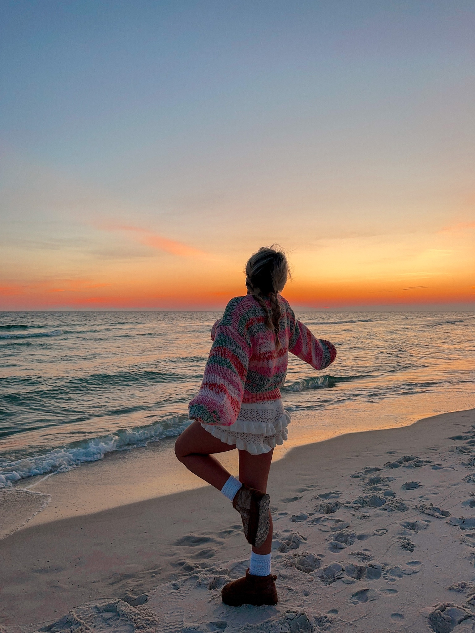 cozy fall sunset outfit! Obsessed with these white lace ruffle shorts from beginning boutique paired with my fav ugg dupes from Amazon and scrunchy socks! 

#LTKSeasonal