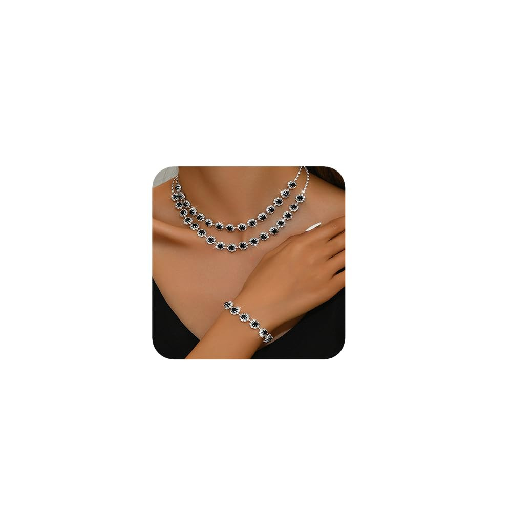 Boho Silver Fashion Prom Shinny Blue Rhinestones Choker Necklace Earrings Bracelet Set Dainty Lay... | Amazon (US)