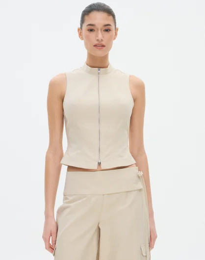 High Neck Zip Through Top in Utility Beige | Glassons AU | Glassons (Australia)