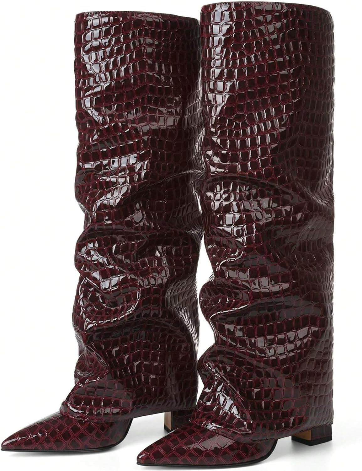 Synchoiss Fold Over Knee High Boots Women Wide Calf Chunky Heel Shark Boots | Amazon (US)