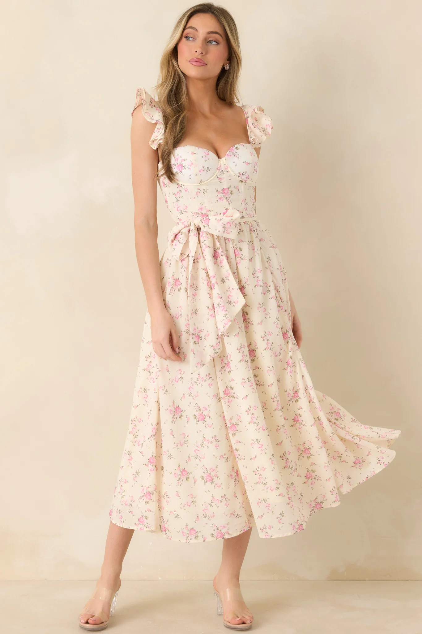 Gabrielle Light Pink Floral Cotton Bustier Midi Dress | Red Dress