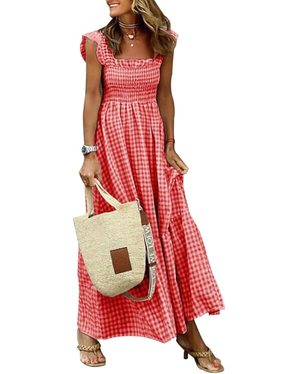 Sleeveless Maxi Dress for Women Gingham Dress Plaid Dress Scoop Neck Smocked Dress High Waist Flo... | Amazon (US)