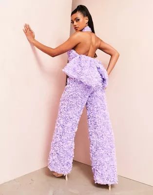 ASOS LUXE 3D floral open back jumpsuit with oversized bow in lilac | ASOS (Global)