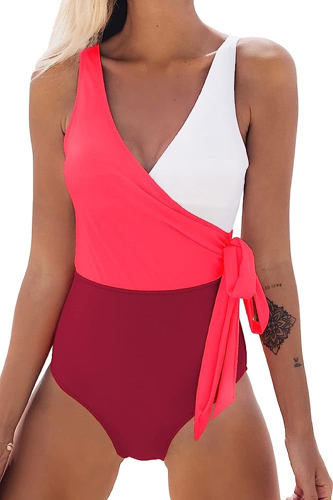 CUPSHE Women's One Piece Swimsuit Wrap Color Block Tie Side Bathing Suit | Amazon (US)