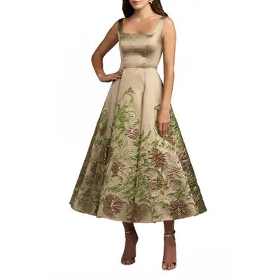 Mac Duggal Embroidered Floral Jacquard A-Line Midi Dress in Gold at Nordstrom, Size 6 | Nordstrom
