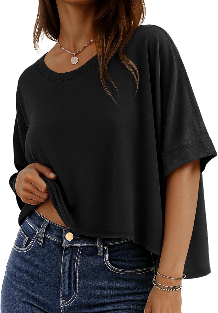 rosemia Oversized Tshirts for Women Summer Half Sleeve Crop Tops Basic Casual Blouses | Amazon (US)