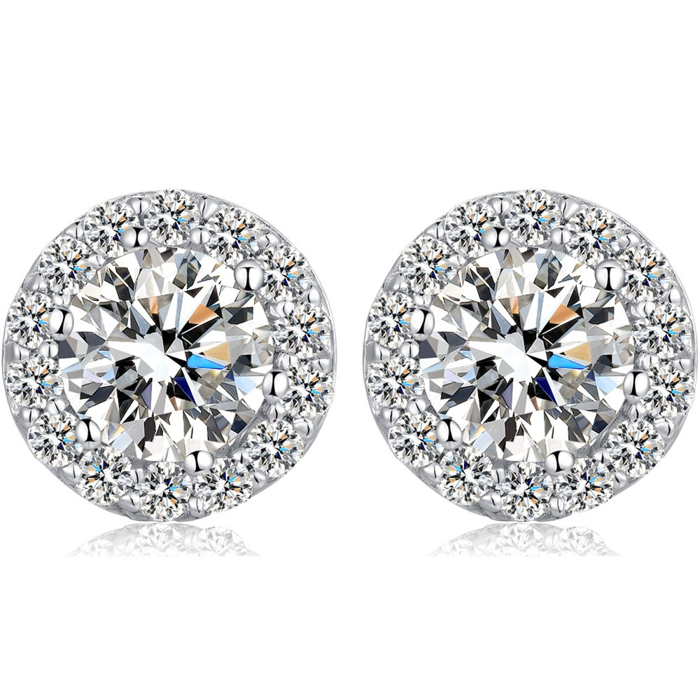 Han han 18K Platinum Plated Halo Stud Earrings, 925 Sterling Silver Round Cut Halo Earrings for W... | Amazon (CA)