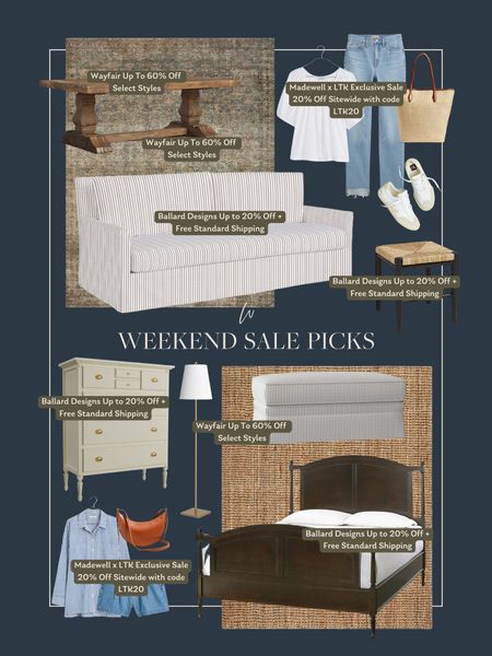 Weekend Sale Picks! 

There are tons of amazing sales this weekend! The LTK x Madewell in app exclusive sale is here. Take 20% off Madewell sitewide when shopping through the LTK app. Copy the code and apply at checkout! 

Wayfair and Ballard Designs both have a large selection of beautiful furniture, rugs and lighting all on sale too! 

#LTKSaleAlert #LTKxMadewell #LTKHome