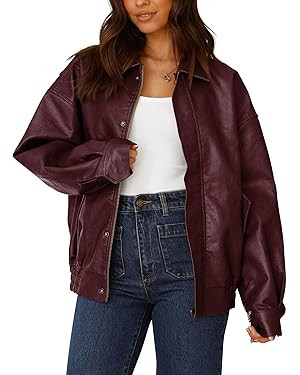 PRETTYGARDEN Women's Faux Leather Motorcycle Jacket Trendy Fall Clothes Oversized Zip Up Winter C... | Amazon (US)