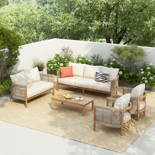 Christopher Knight Home Havets 5 Pieces Outdoor Acacia Furniture Set, Woven Rope Loveseat and Accent Club Chairs, 6" Thick Cushions Sofa and Coffee Table Set for Backyard Garden Balcony, Teak+Beige | Amazon (US)