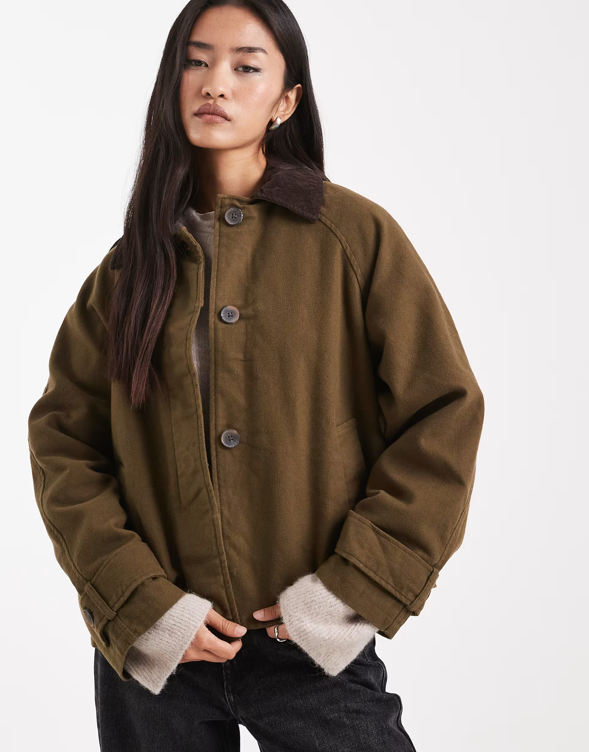 ASOS DESIGN barn jacket with contrast collar in khaki | ASOS | ASOS (Global)