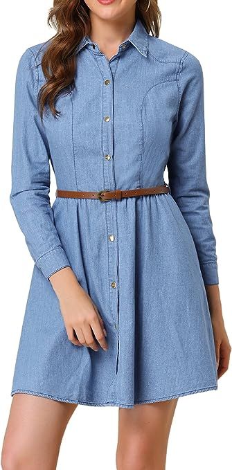 Allegra K Women's Denim Dress Button Down Belted Pleated Flare A-line Shirt Dress | Amazon (US)