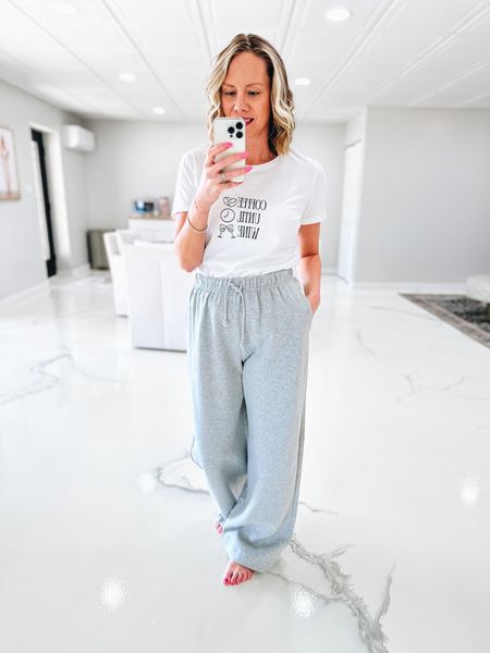 A confy lounge outfit, with this cute graphic T-shirt! 
Fashionablylatemom 
Amazon Graphic T-shirt 
Old navy sweatpants 
Lounge Outfit 

#LTKstyletip