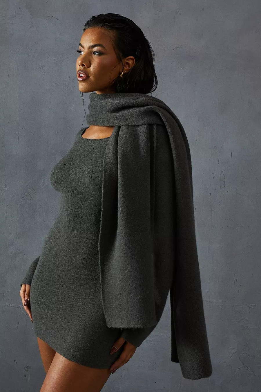 Knitted Slash Neck Scarf Detail Mini Dress | Boohoo.com (UK & IE)