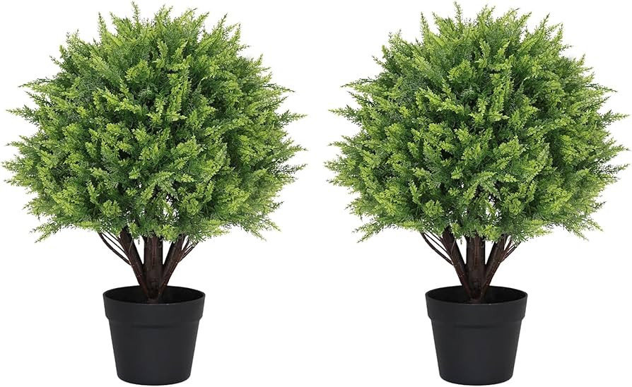 2ft Artificial Topiary Ball Trees Outdoor, 24" UV Resistant Faux Potted Plants Outside, Realistic Fake Greenery Evergreen Cypress Bushes Shrubs for Front Porch Planter Decor Set of 2 | Amazon (US)