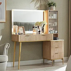 T4TREAM Fluted Makeup Vanity Desk with 36" HD Lighted Mirror, 48" Big Modern Vanity Desk with Mir... | Amazon (US)