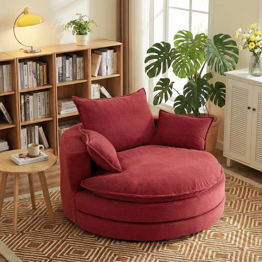 Coolbibila Oversized Red Corduroy Swivel Sofa Chair Barrel Chair with Cushion and Pillows for Living Room one_size | NIKKO-CHAIR-RED | Lowe's