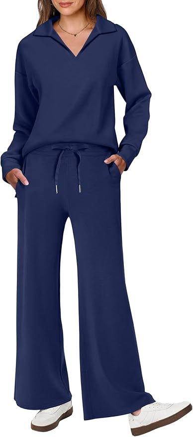 ANRABESS Women's 2 Piece Outfits Lounge Sets Casual Long Sleeve Sweatsuits Polo Top Wide Leg Pant... | Amazon (US)