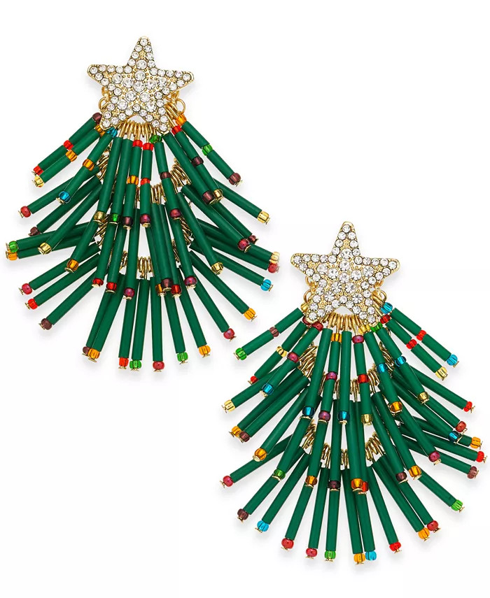 Holiday Lane Gold-Tone Pavé & Multicolor Bead Holiday Tree Drop Earrings, Created for Macy's - M... | Macy's