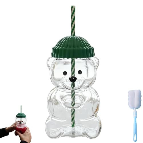 2025 New Bear Straw Cup, Cute Bears Glass Cup with Straw, 20oz Reusable Glass Tumbler with Lid for Iced Coffee, Milk Tea, and Cocktails, Dishwasher Safe (green) | Amazon (US)