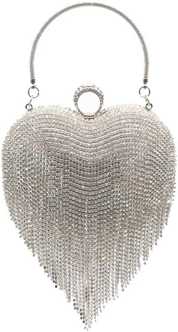 Women Luxury Cute Heart Shape Tassel Evening Clutch Bag Rhinestones Wedding Party Purse Handbag | Amazon (US)