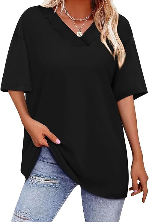 WIHOLL Oversized Tshirts for Women 2026 Summer Tops Short Sleeve V Neck Shirts Basic Tee | Amazon (US)