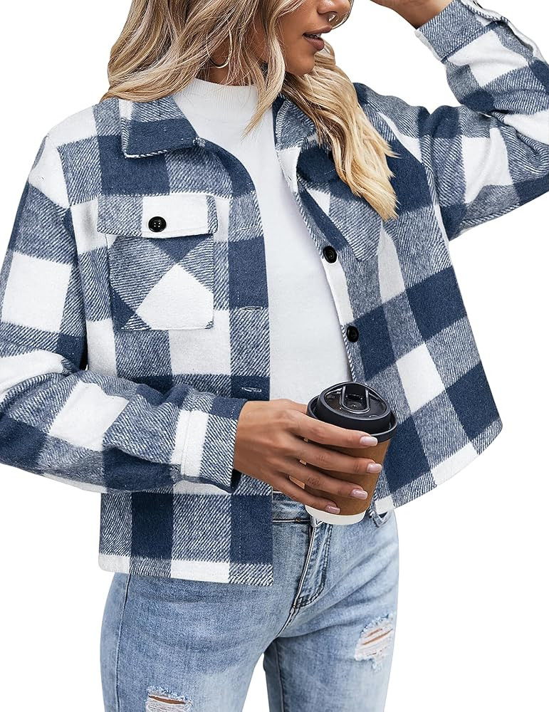 Zeagoo Flannels for Women Cropped Shacket Jacket Fashion Plaid Button Down Shirt 2024 Fall Coat T... | Amazon (US)