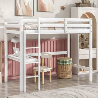 White Twin Size Wooden Loft Bed with Built-in Desk | The Home Depot
