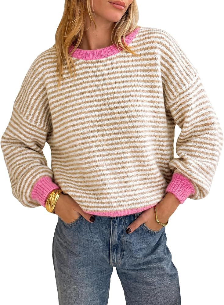 Cicy Bell Womens Striped Sweater Loose Fit Color Block Knit Pullover Tops | Amazon (US)