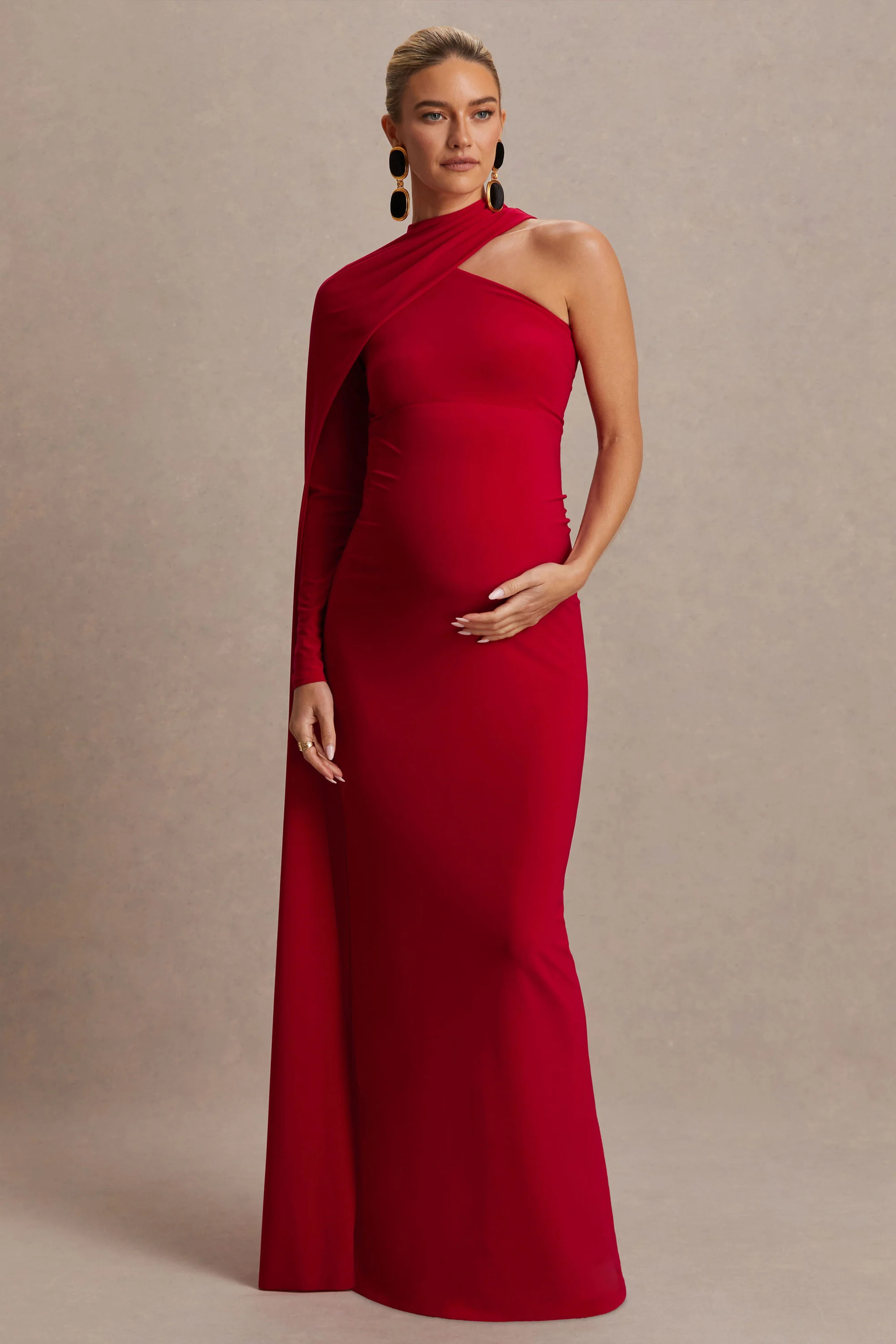 Tessy  Red Asymmetric-Neck Maternity Maxi Dress With Cape-Sleeve | Club L London