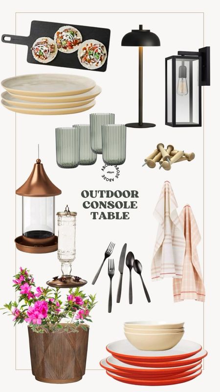 Everything I used to style my outdoor console table: melamine plates, melamine bowls, ribbed glasses, copper bird feeder, rechargeable table lamps, and charcuterie boards!

#LTKHome