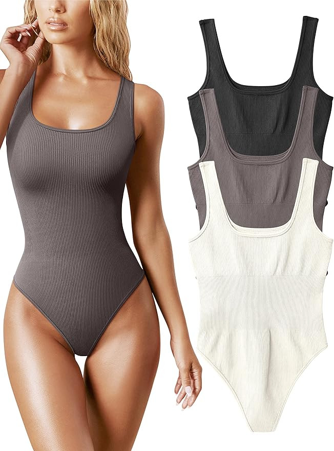 OQQ Women's 3 Piece Bodysuits Sexy Ribbed Sleeveless Square Neck Sleeveless Tank Tops Bodysuits | Amazon (US)