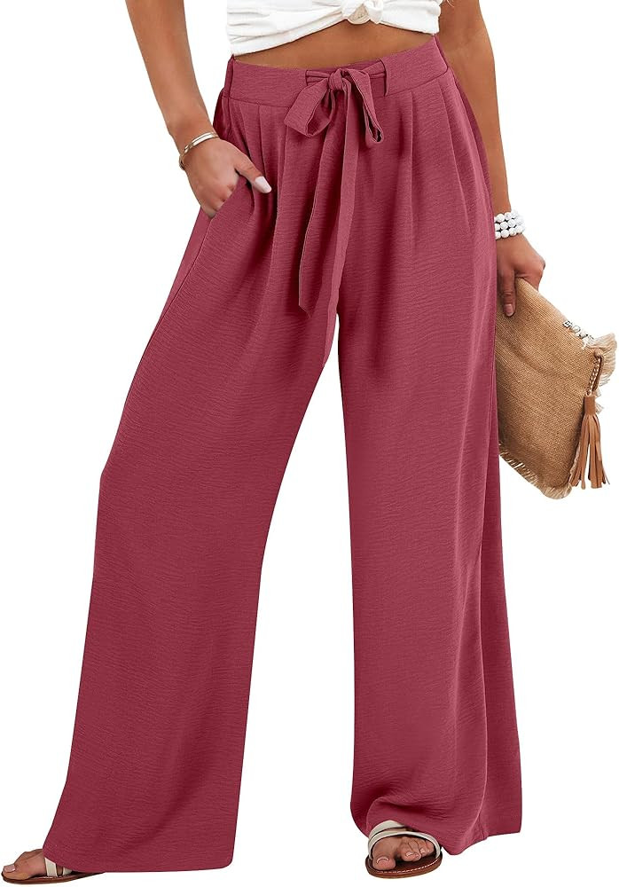 Caracilia Womens Wide Leg Palazzo Pants High Waisted Adjustable Tie Knot Flowy Trousers Casual Lo... | Amazon (US)