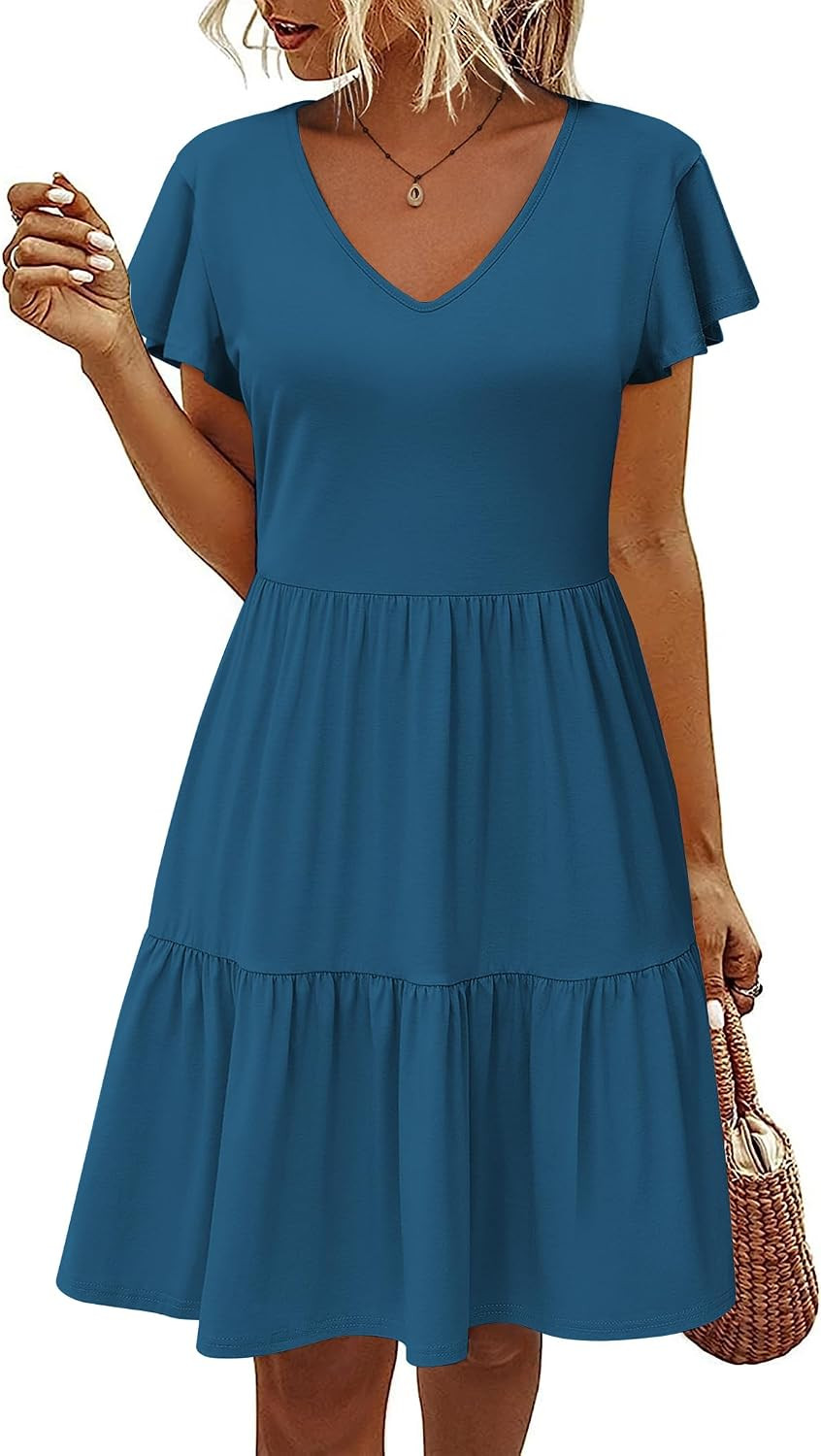 HOTOUCH Women's Casual Summer Dress with Pockets V Neck Ruffle Sleeve A-Line Dresses | Amazon (US)