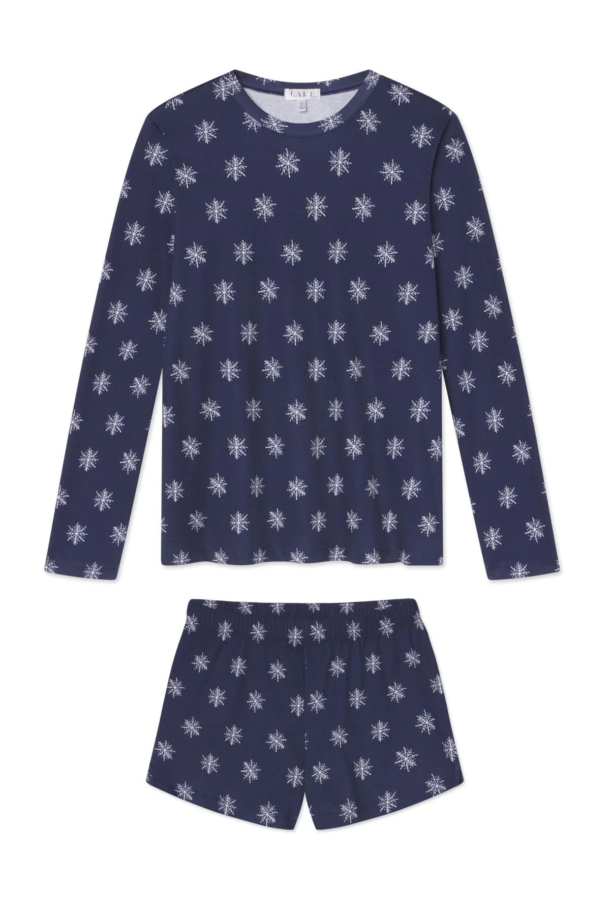 Pima Crew Long-Short Set in English Navy Snowflakes | Lake Pajamas