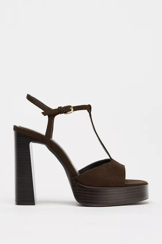 Heeled sandals. Velvet finish. Strappy detail at the front. Wide high heel. Ankle strap with buck... | Zara US