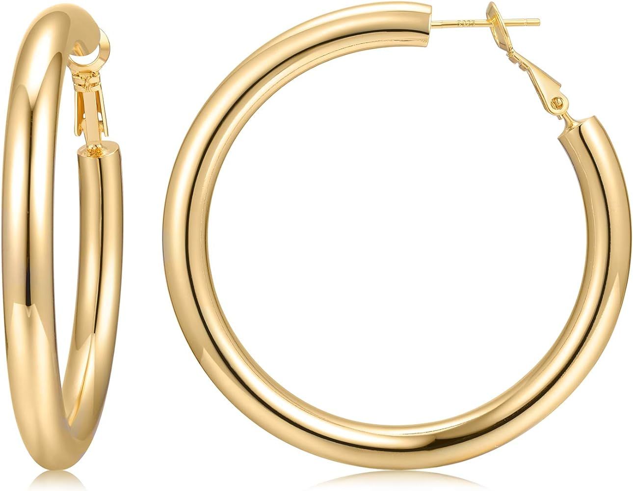 Hoop Earrings 18K Gold Plated 925 Sterling Silver Post 5MM Thick Tube Hoops for Women And Girls ... | Amazon (US)