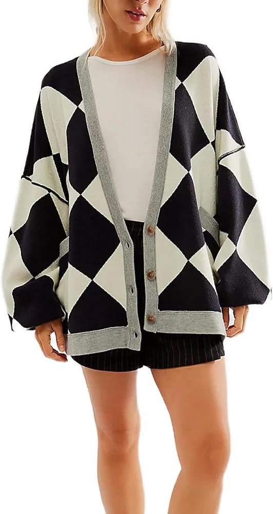 OPISSU Women Loose Casual Color Block Button Cardigan Checkered Open Front Sweater Fall | Amazon (US)