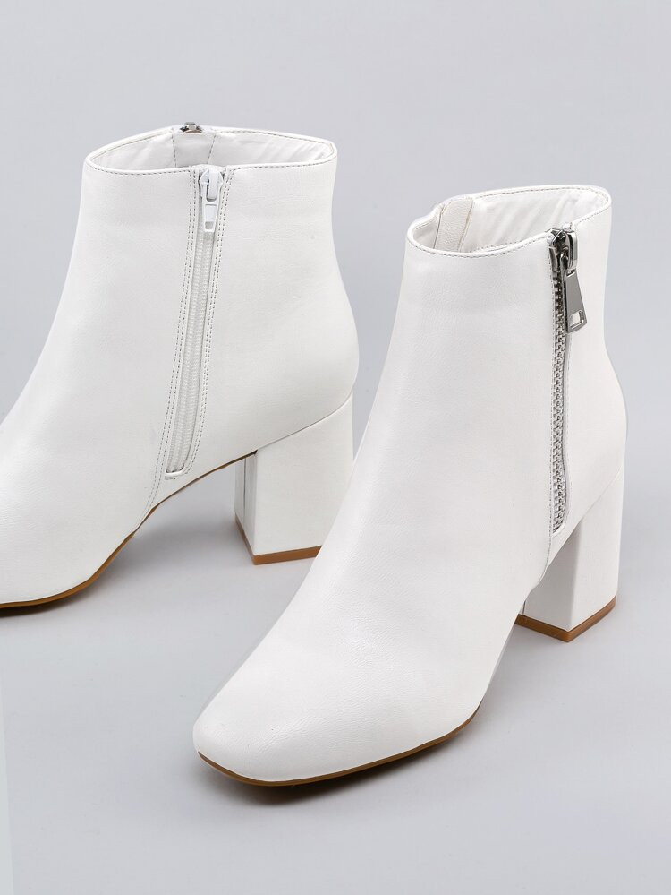 Side Zipper Almond Toe Block Heel Booties | SHEIN