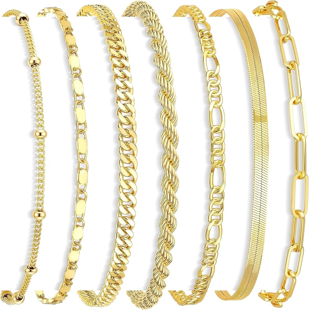 Gokeey 7PCS 14K Gold Plated Bracelets Sets for Women，Dainty Fashion Layered Cuban Link Chain He... | Amazon (US)
