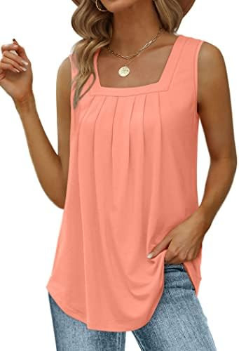 Saloogoe Summer Tank Tops for Women Loose Fit Pleated Square Neck Sleeveless Tops Curved Hem Flow... | Amazon (US)