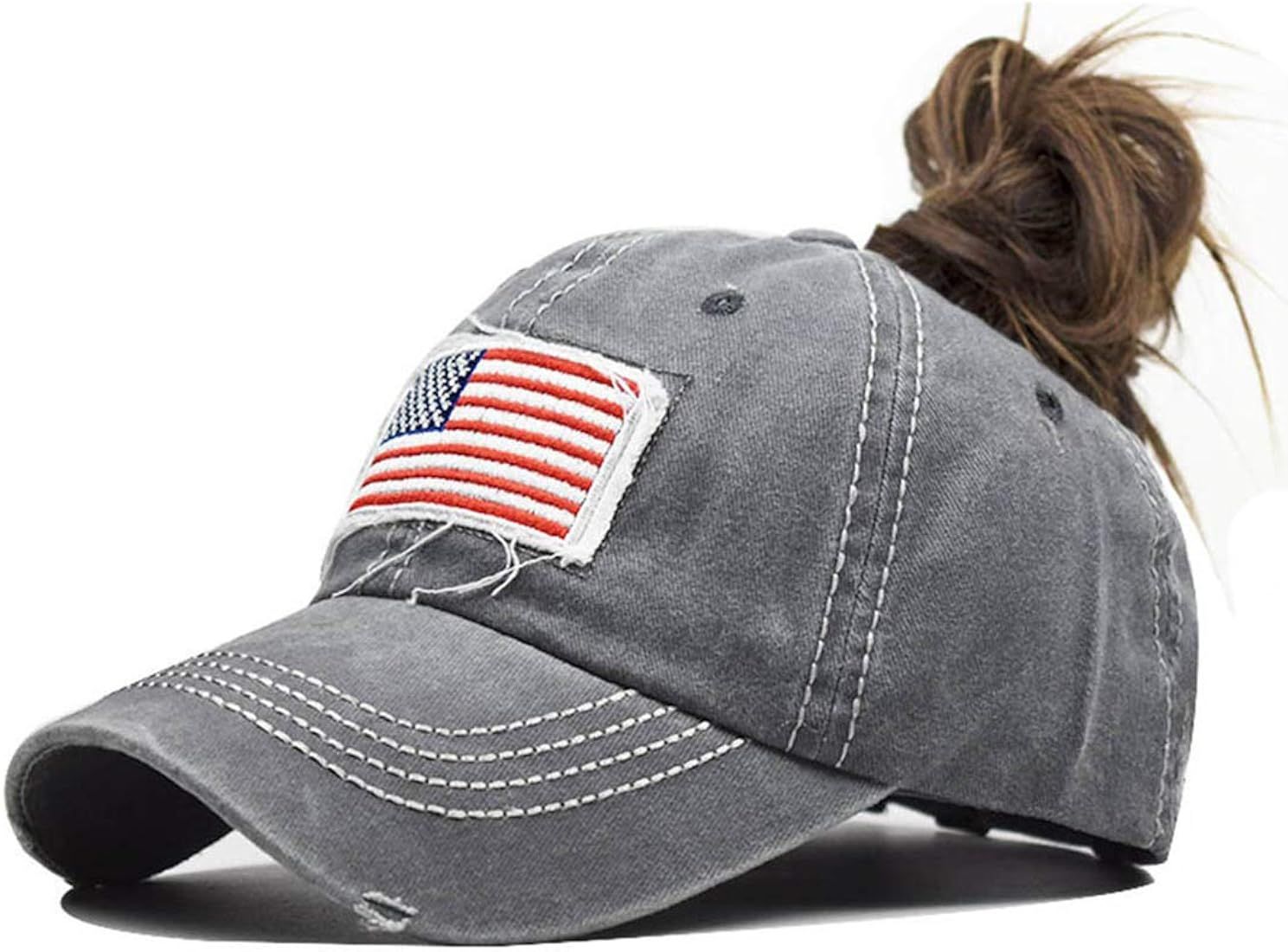 Distressed Ponytail Hat for Women American-Flag Pony Tail Caps High Bun | Amazon (US)