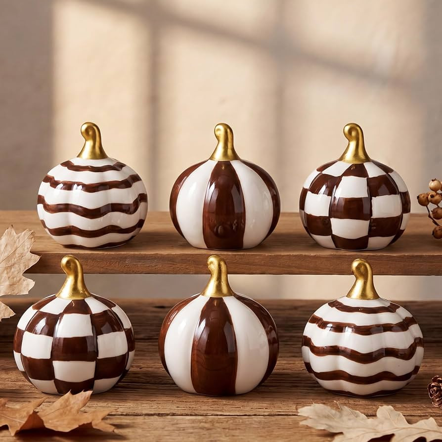 DoubleFill 6 Pcs Brown and White Check Ceramic Pumpkins Fall Farmhouse Table Centerpiece Porcelai... | Amazon (US)