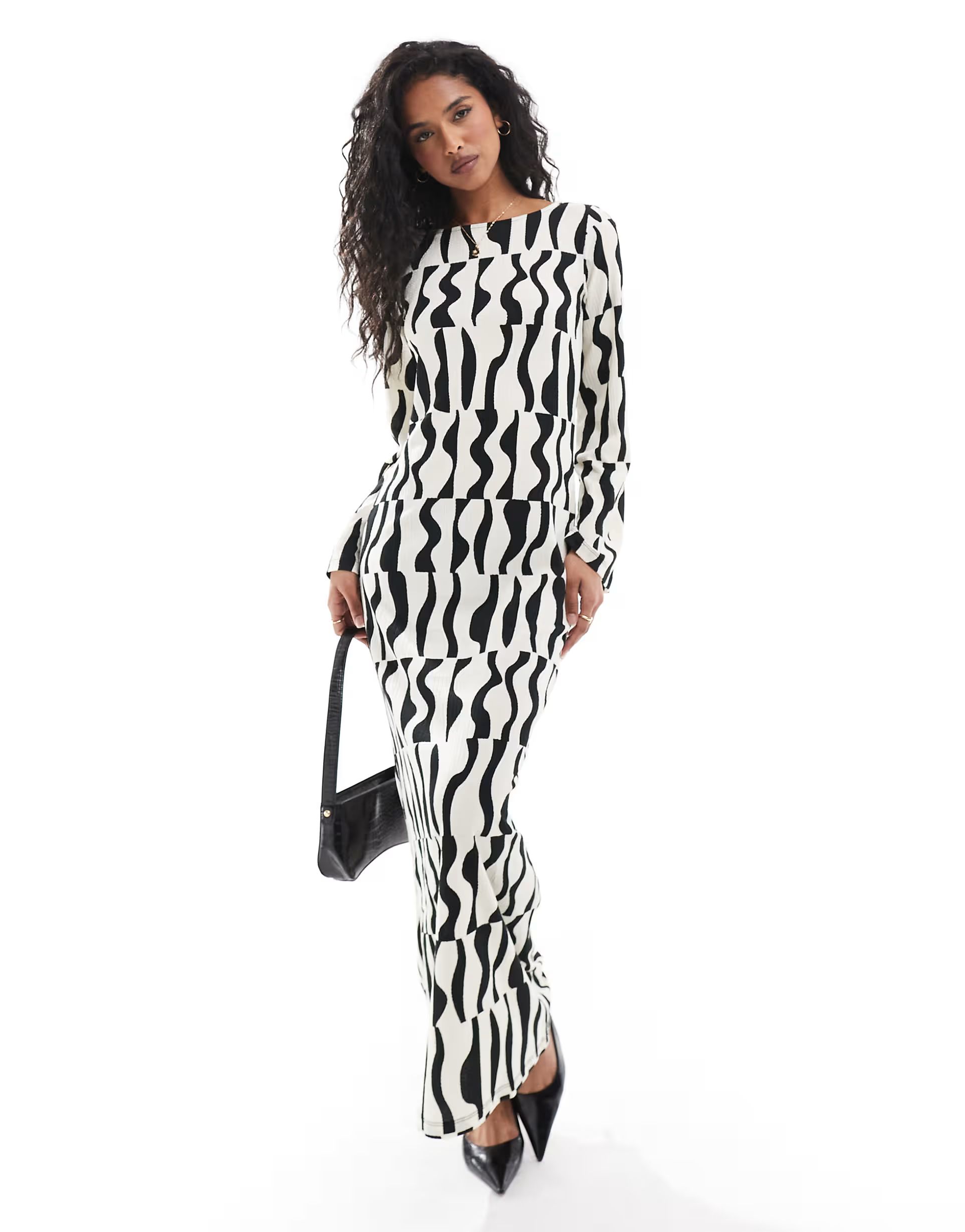 YAS textured jersey maxi dress with fluted sleeves in mono print - BLACK | ASOS | ASOS (Global)