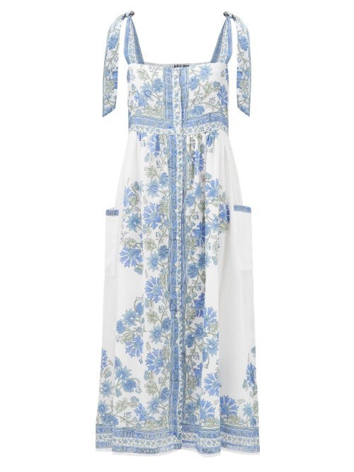 Juliet Dunn - Tie-strap Floral-print Cotton Dress - Womens - White Blue | Matches (US)