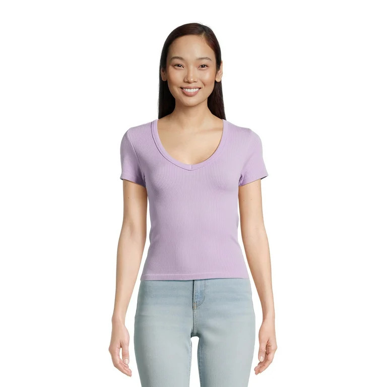 No Boundaries Juniors’ Seamless V-Neck Tee with Short Sleeves - Walmart.com | Walmart (US)