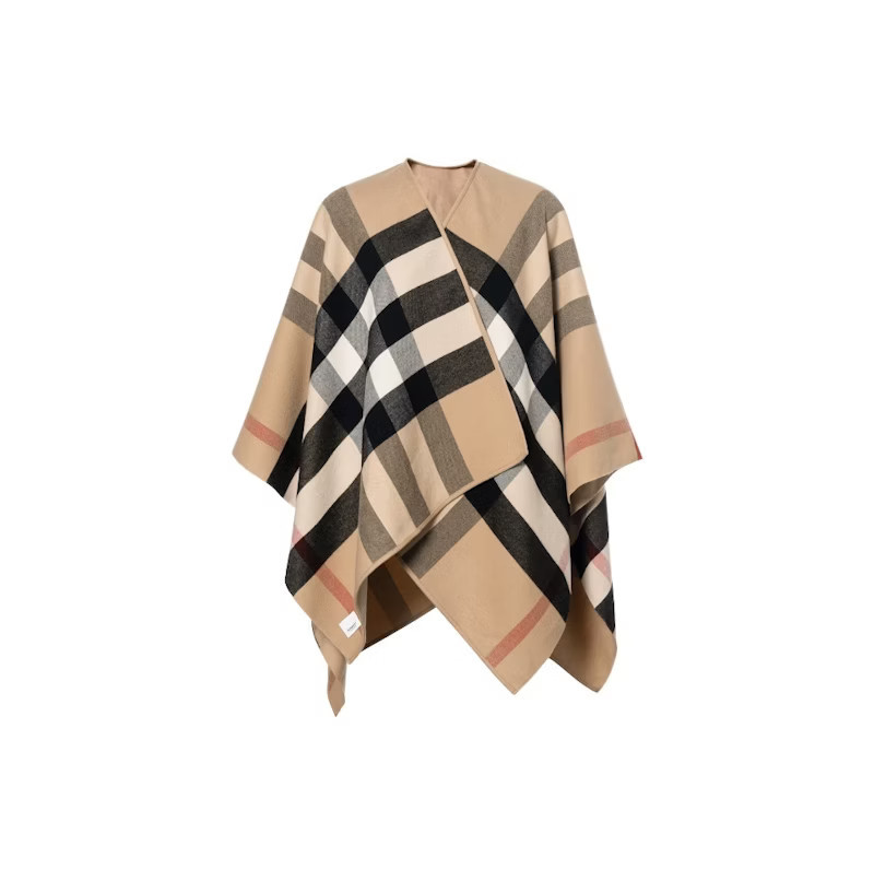 Women's Burberry Reversible Check Merino Wool Poncho in Camel/Archive Beige | StockX