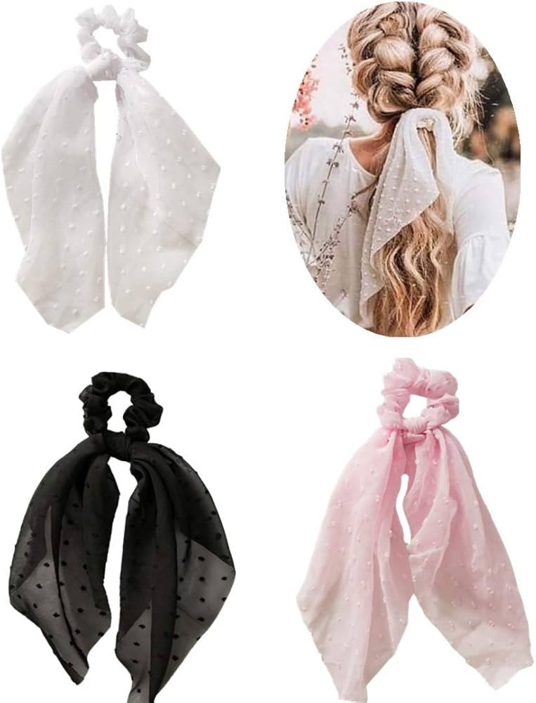 SCRMROIA 3 Packs Scarf Scrunchies, Polka Dot Daisy Flower Hair Scarf Scarves, Satin Silk Long Tai... | Amazon (US)