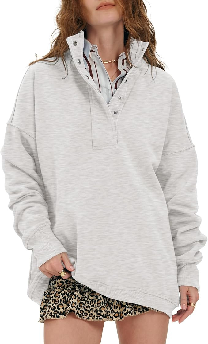 Locachy Womens Casual Button Henley Neck Cotton Oversized Sweatshirt Long Sleeve Pullover Tops Ou... | Amazon (US)