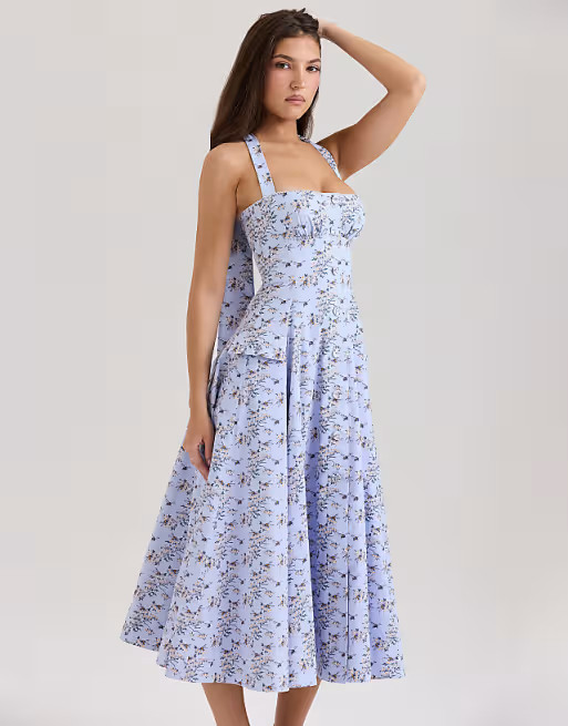 House of CB Claudia stretch cotton halter neck midi dress in blue floral print | ASOS | ASOS (Global)